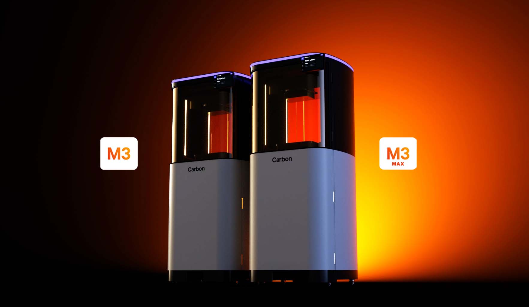 Carbon社から販売された3Dプリンター「M3」と「M3 Max」の外観。白黒の洗練された、縦長デザイン